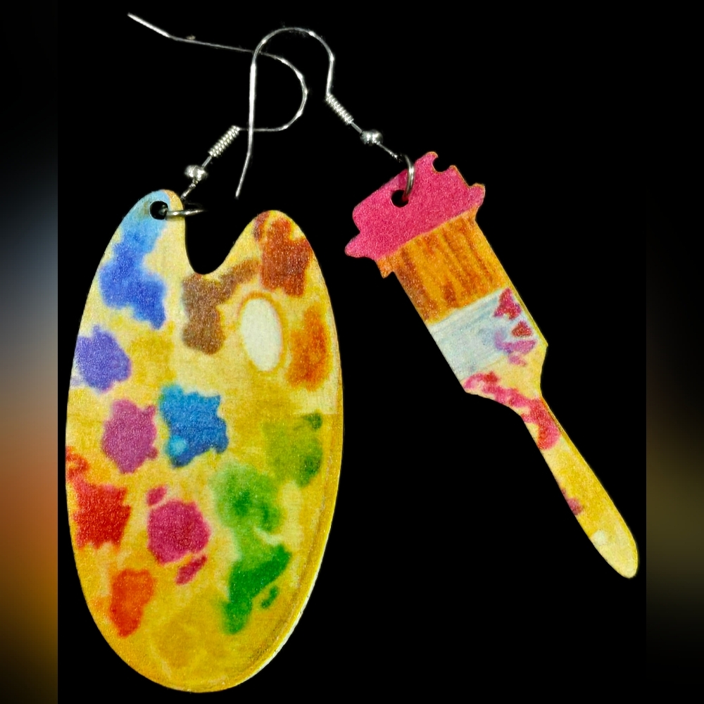 Colorful Artist Palette and Brush Earrings